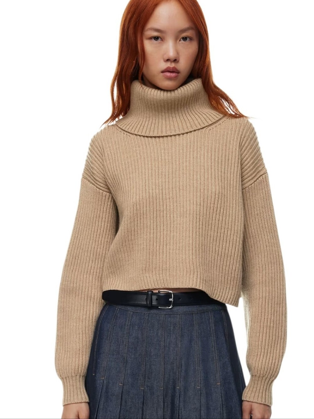 Babaton Beige Ribbed Turtleneck Sweater